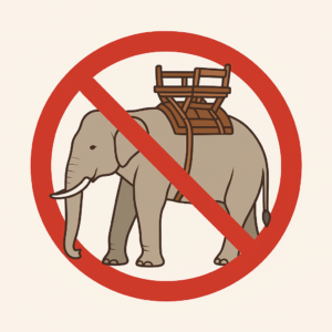 Blog 40 Illustration of an elephant with a riding platform crossed out by a red prohibition symbol, representing a message against elephant riding in Chiang Mai.
